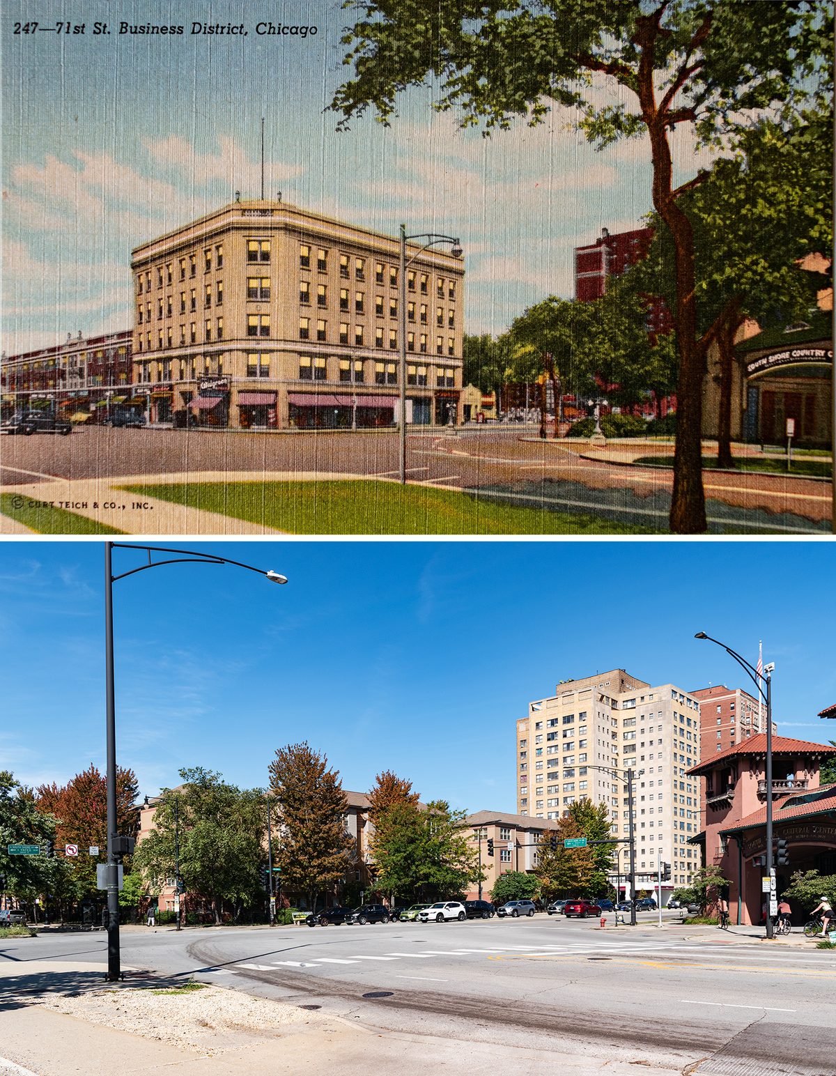 Linen postcard on top, 1950, a five story builidng on a corner and a pink gatehouse across the street. Photo below, it's replaced by a housing development obsured by street trees, a new tower