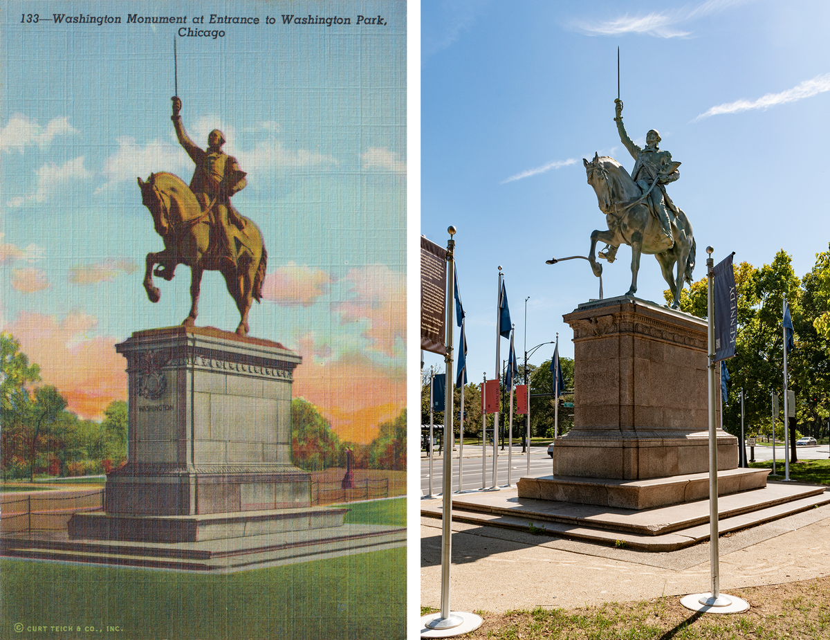 Side-by-side image of the 1941 postcard and the 2026 photo, a bronze equestrian statue of George Washington on a stone plinth, now surrounded by small flags on metal poles with names.