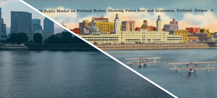 Merged image of 1930s Portland Harbor postcard with 2022 photo