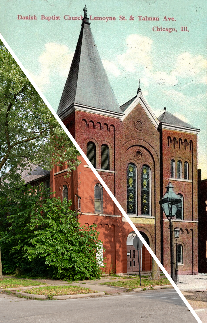 Merged image of the postcard and the modern photo