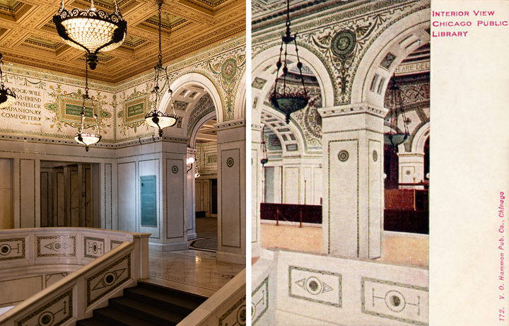 Merged image of a postcard of the 3rd floor landing of the grand stairway of the Chicago cultural center and a 2025 photo