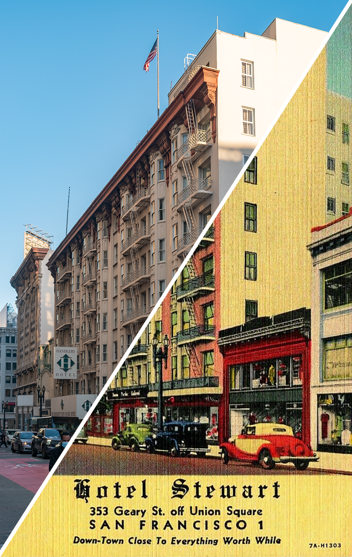 Merged image of the color linen postcard and the 2022 photo.