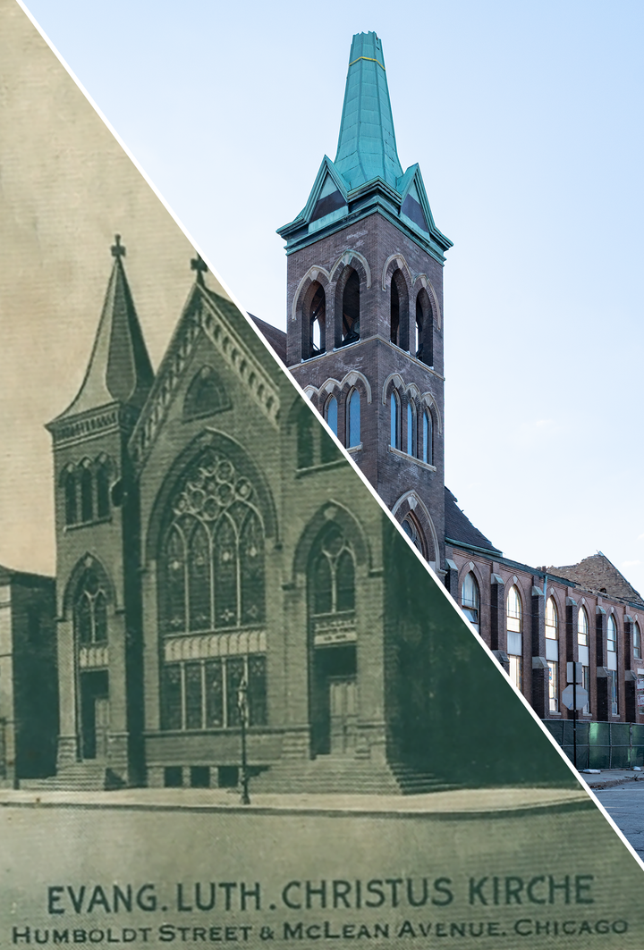 Merged image of the postcard and the present-day photo