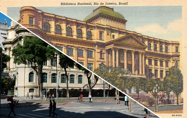 Merged image of the library and the linen postcard