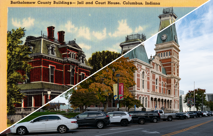 Merged image of the ca. 1940 postcard and the 2023 photo