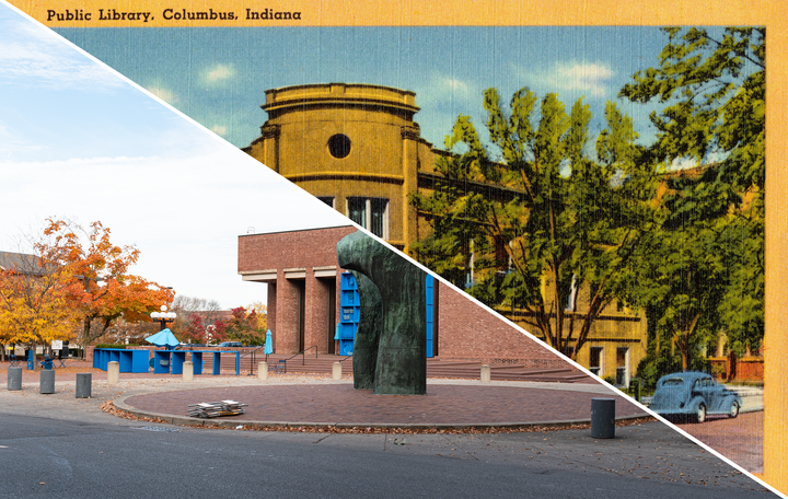 split image with the photo and the postcard