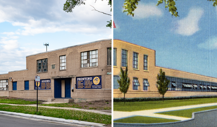 Split image with the 2026 photo on the left and the 1943 postcard on the right