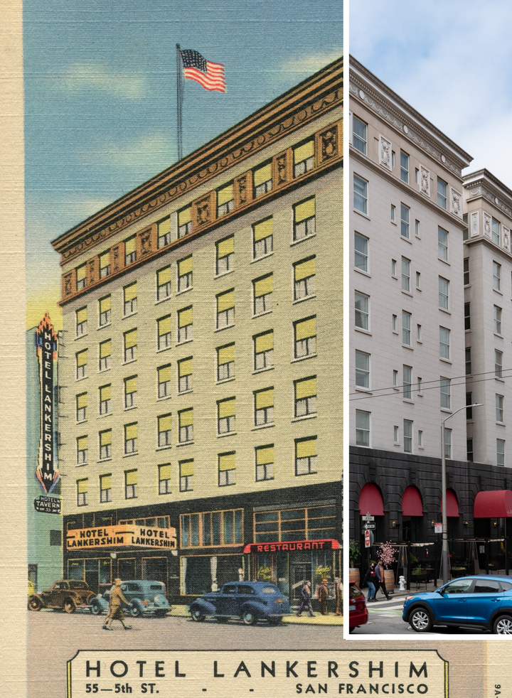 Split image of the 1939 postcard and 2021 photo
