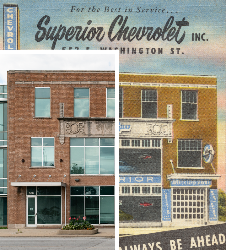 Split image of the postcard and photo
