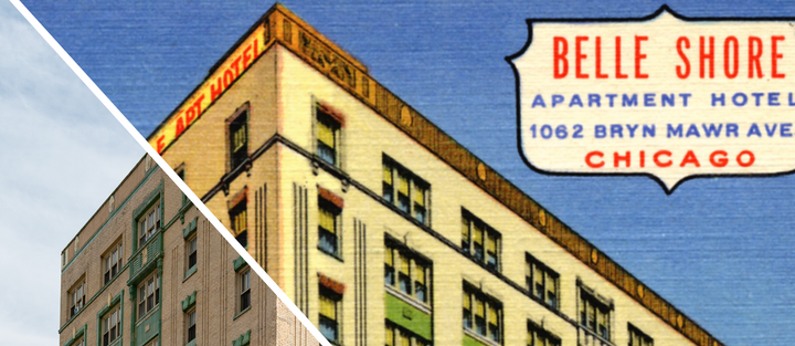 Split image of the top couple floors of the Belle Shore in a 2026 photo and a 1943 postcard