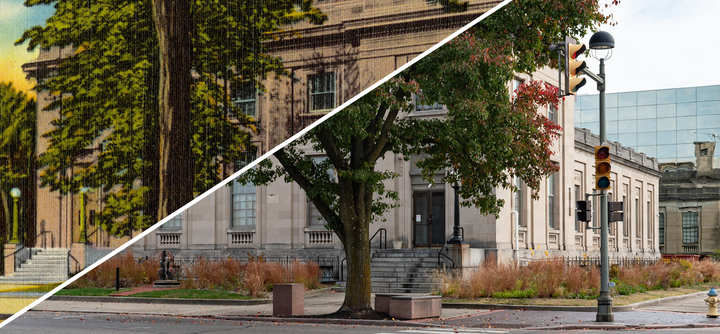 Merged image of the linen postcard of a post office with a 2023 photo of the old post office