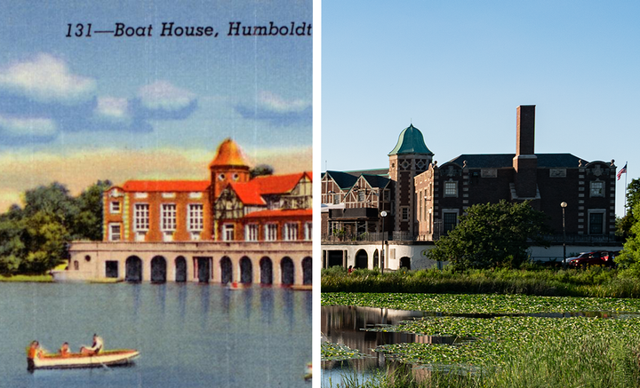 Split image of the postcard and the 2026 photo