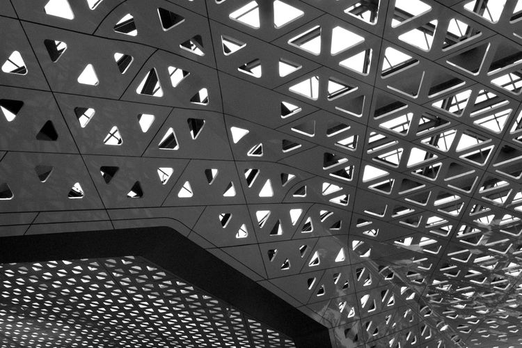 A grayscale close-up of an exposed metal structural frame with geometric grid of beams in stark contrast, representing the modular architecture that keeps each platform decision independent.