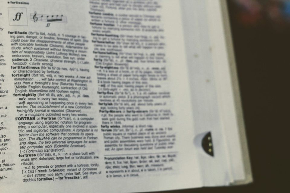 A close-up of a printed reference page showing a FORTRAN entry, representing the idea that precise definitions belong in code and configuration, not in the heads of individual data analysts.