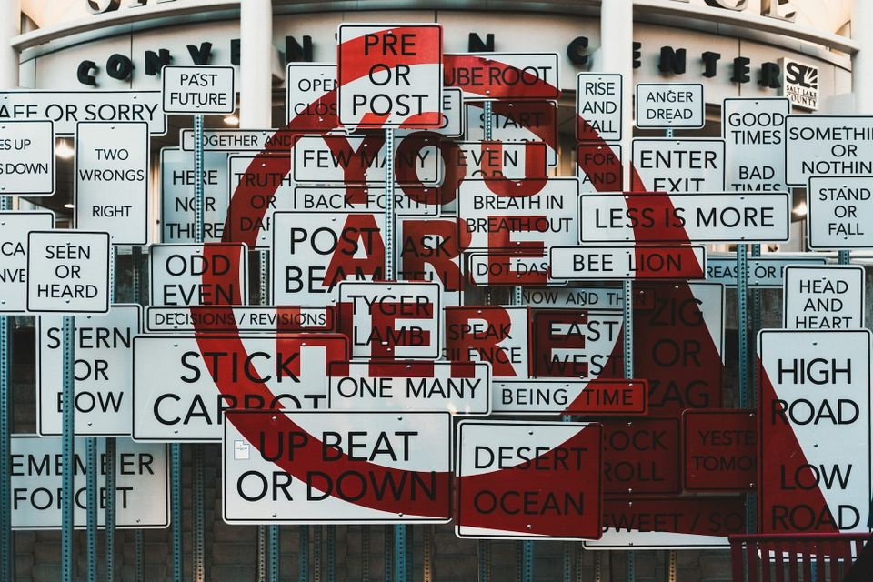 Art installation of contradictory road signs, from Past or Future to Odd or Even, overlaid with a red YOU ARE HERE, echoing catalogue descriptions that all sound authoritative.