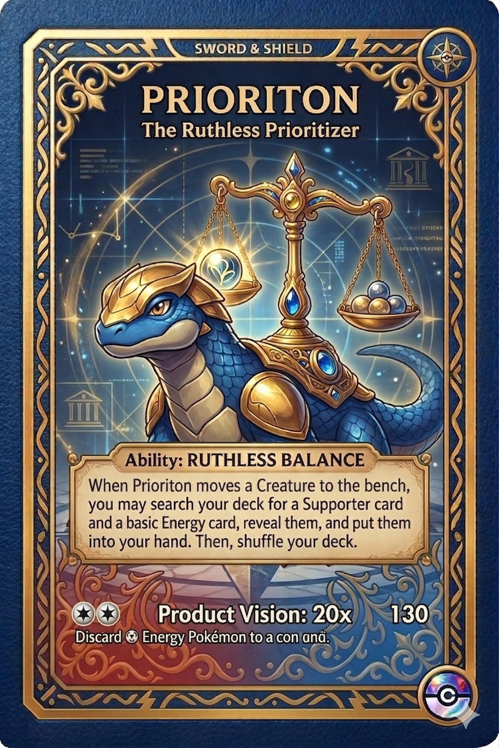 A blue lizard creature wearing gold armor and holding balancing scales is depicted on a fantasy card.