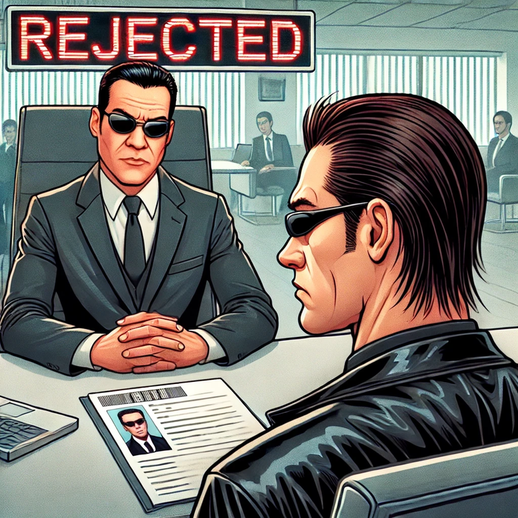 A cartoon of Agent Smith as a recruiter, reviewing Neo’s resume. Neo looks confused, while a futuristic AI-powered hiring screen looms in the background.