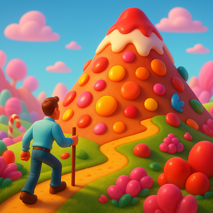 A man climbs a candy-covered mountain with gumdrops, candy canes, and frosting, in a colorful 3D world.
