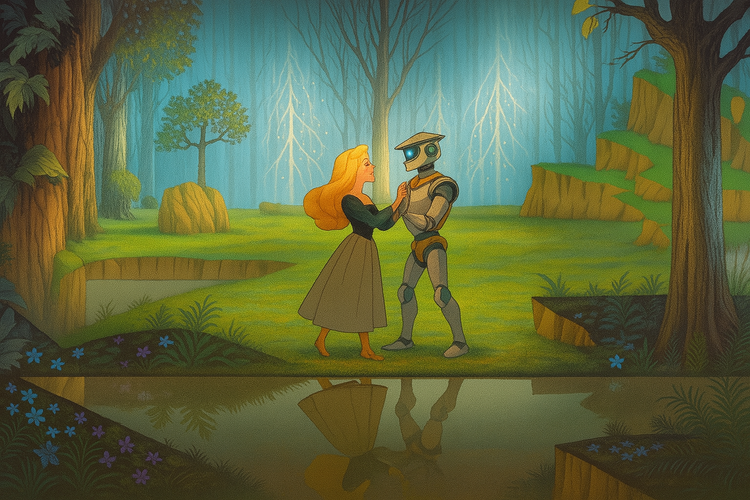 A princess dances with a humanoid robot dressed like a prince, standing beside a pond in an enchanted forest, with their reflection mirrored in the water.