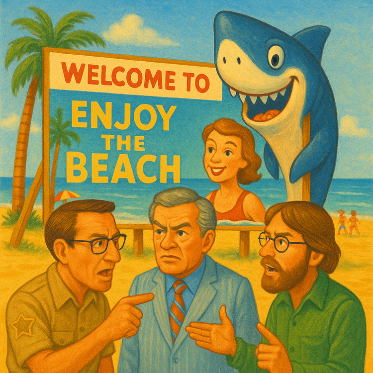 A retro beach scene shows Brody, the Mayor, and Hooper arguing by the “Amity Island” sign, while a sneaky cartoon shark peeks from behind, fins wrapped, watching with curiosity.