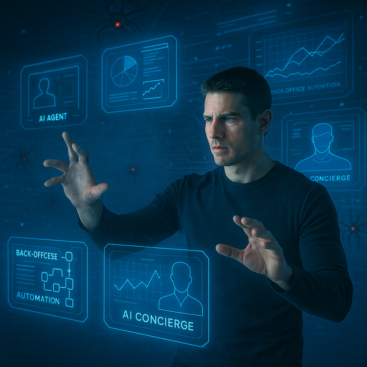 Man interacts with futuristic holographic banking screens inspired by Minority Report.