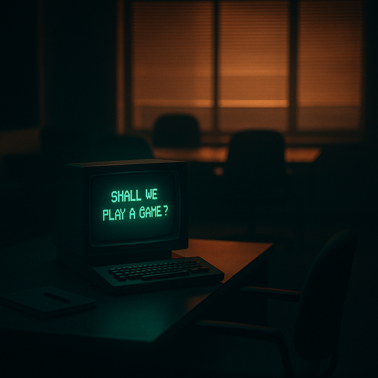 A dim 1980s office with an empty chair and a glowing monitor reading ‘Shall we play a game?’