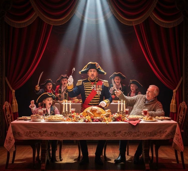 Major General at Thanksgiving table under spotlight as kids in pirate costumes cheer.
