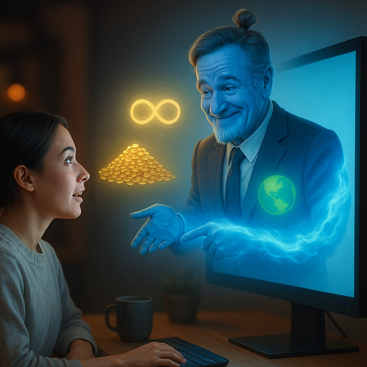 A blue-skinned genie in a suit emerges from a monitor, smiling as glowing wishes appear behind him.