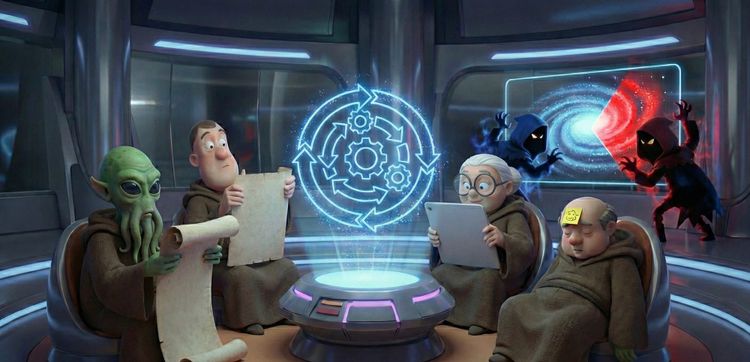Four robed jedi like figures study a holographic chart as cloaked shadows loom in the background.