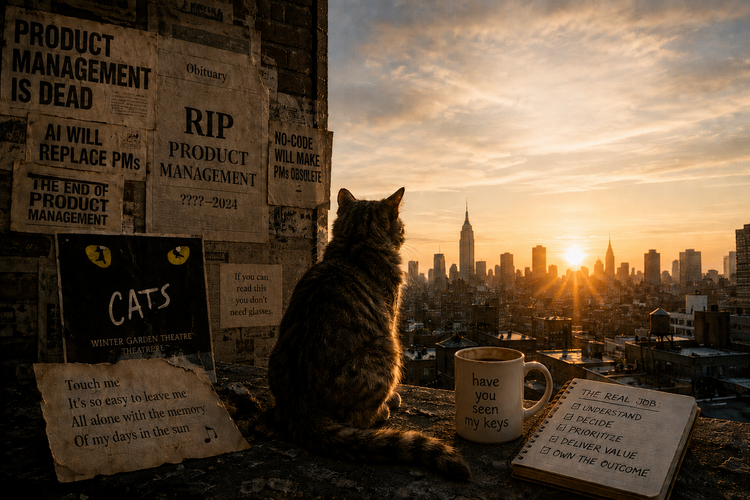 Tabby cat on a rooftop at sunset overlooking a city skyline.