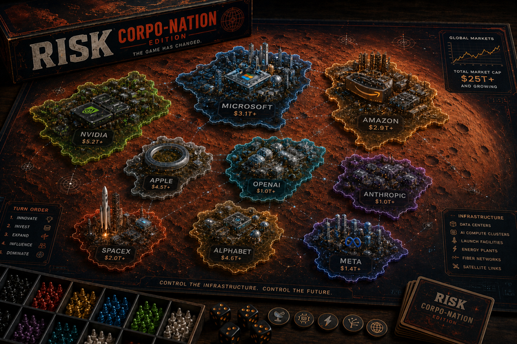 Futuristic Risk board where AI companies replace nations on a Mars landscape.