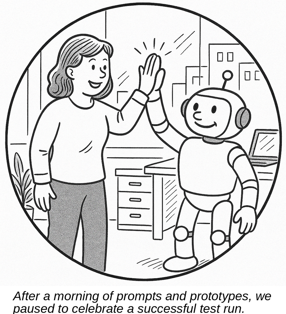 Woman and robot high-five in an office after a successful product test.