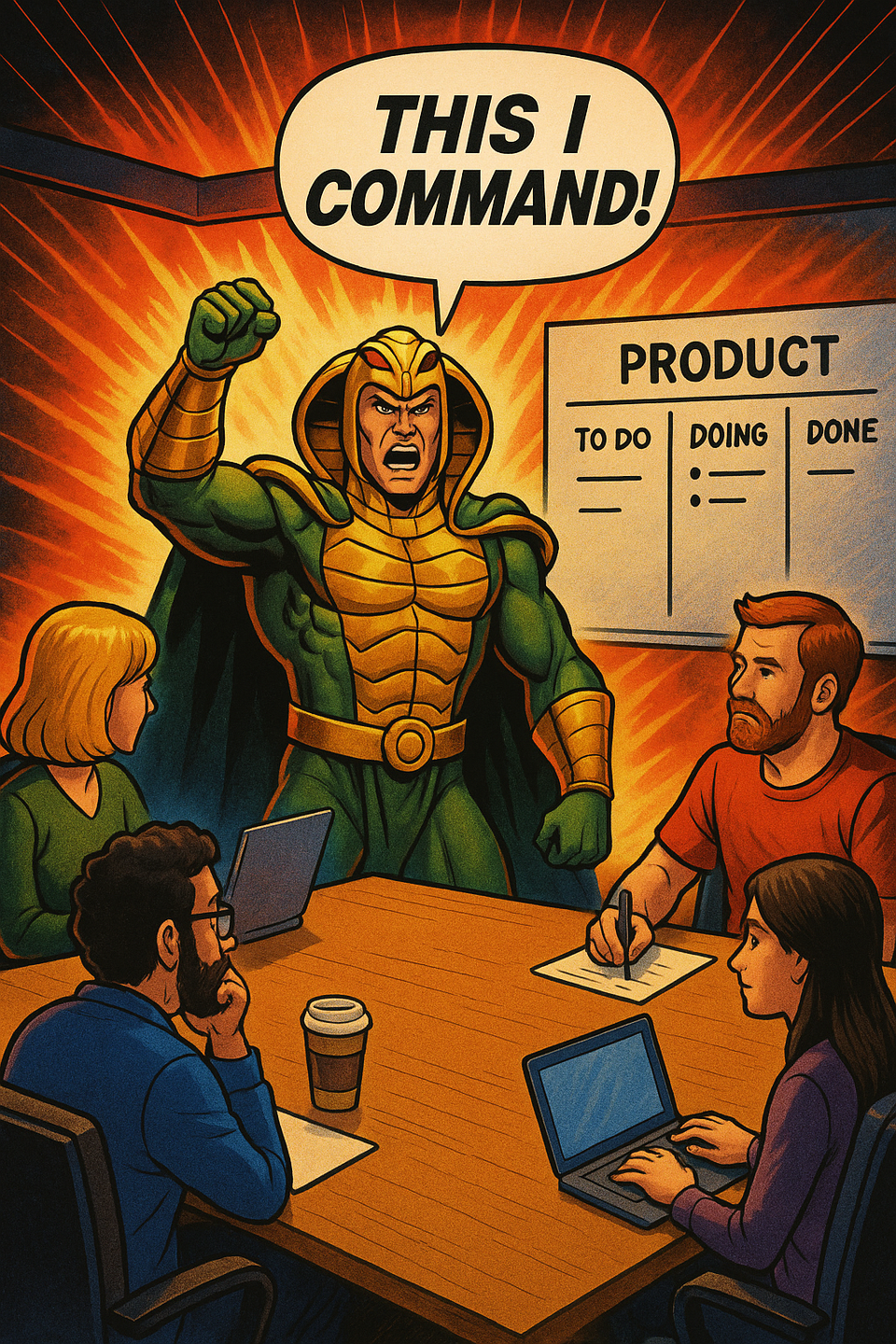 Serpentor running a Scrum meeting, shouting “This I Command!” at a sprint board.