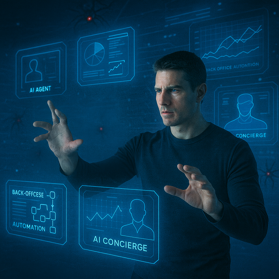 Man interacts with futuristic holographic banking screens inspired by Minority Report.