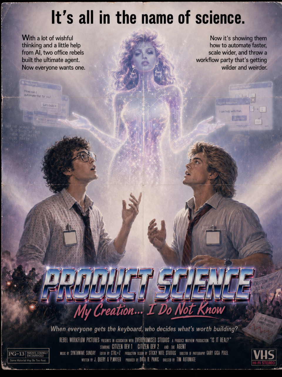 Retro Product Science poster with AI figure and two office rebels.