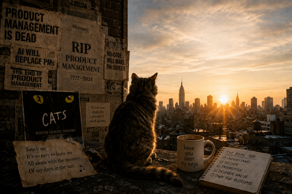 Tabby cat on a rooftop at sunset overlooking a city skyline.