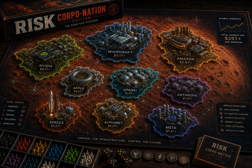 Futuristic Risk board where AI companies replace nations on a Mars landscape.