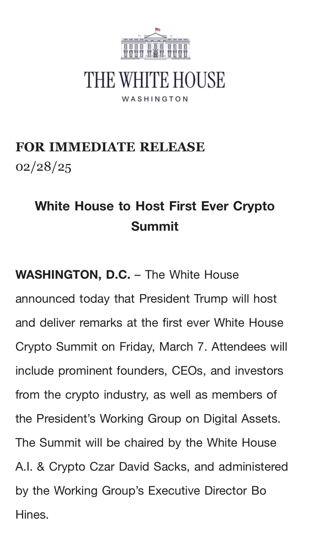 President Trump organiseert eerste White House Crypto Summit