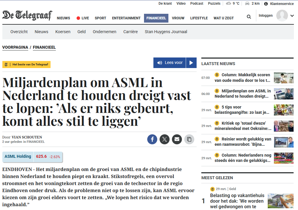ASML dreigt Nederland te verlaten: Telegraaf - Uitzondering onvermijdelijk