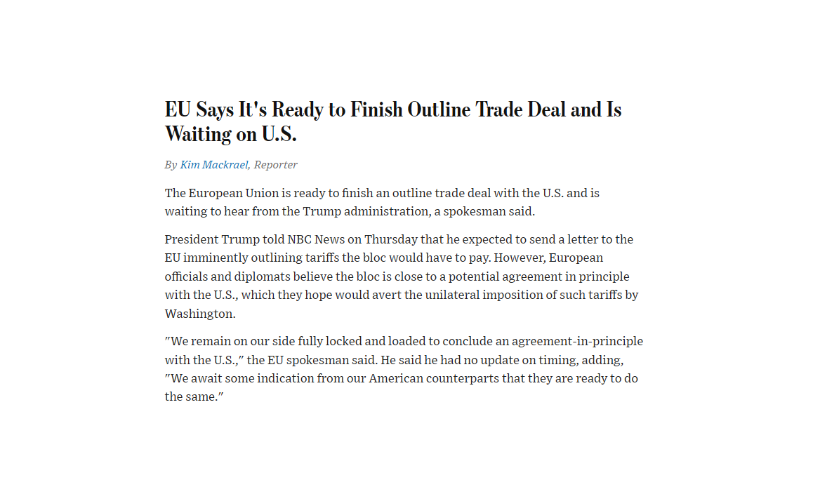 Tarieven: EU wil handelsakkoord afronden en wacht op signaal van Trump - Via WSJ