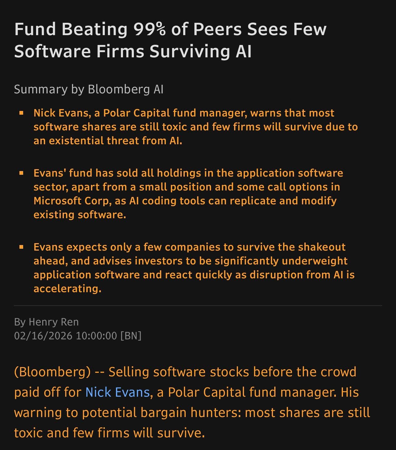 ⌛ Softwarebedrijven: Polar Capital zegt slechts enkele  overleven de AI-Schok