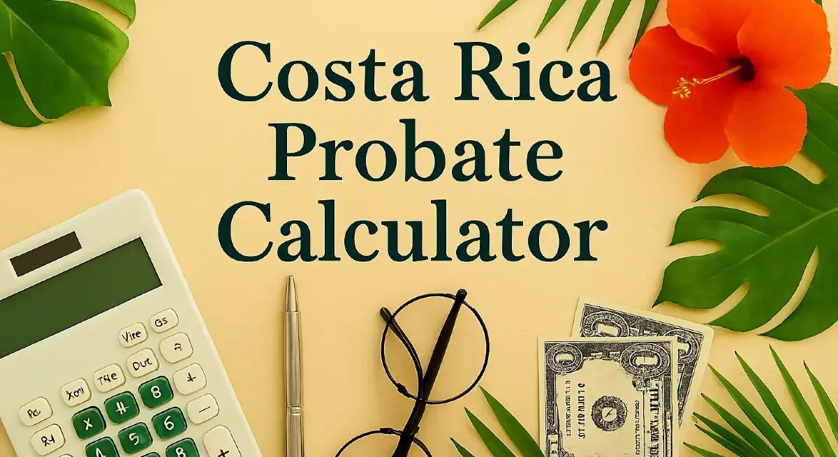 Costa Rica Probate Calculator header image with a calculator, pen, and tropical leaves