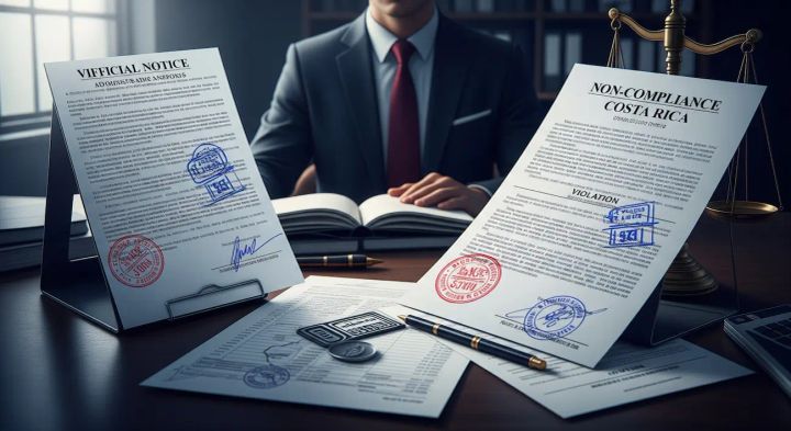 Lawyer at a desk reviewing official legal notices marked non-compliance, with stamped documents and scales of justice.