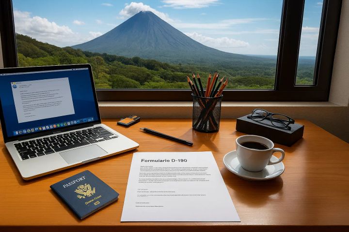 A desk with a laptop, a US passport, and Costa Rican tax form D-195, with a window view of Arenal Volcano.