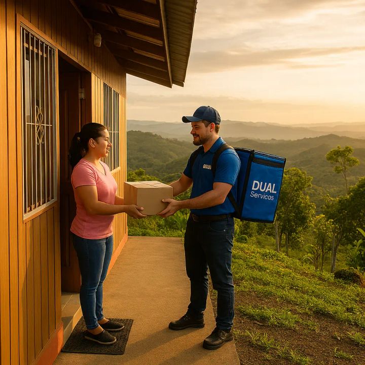 A DUAL Servicios courier delivering a package to a customer at her home