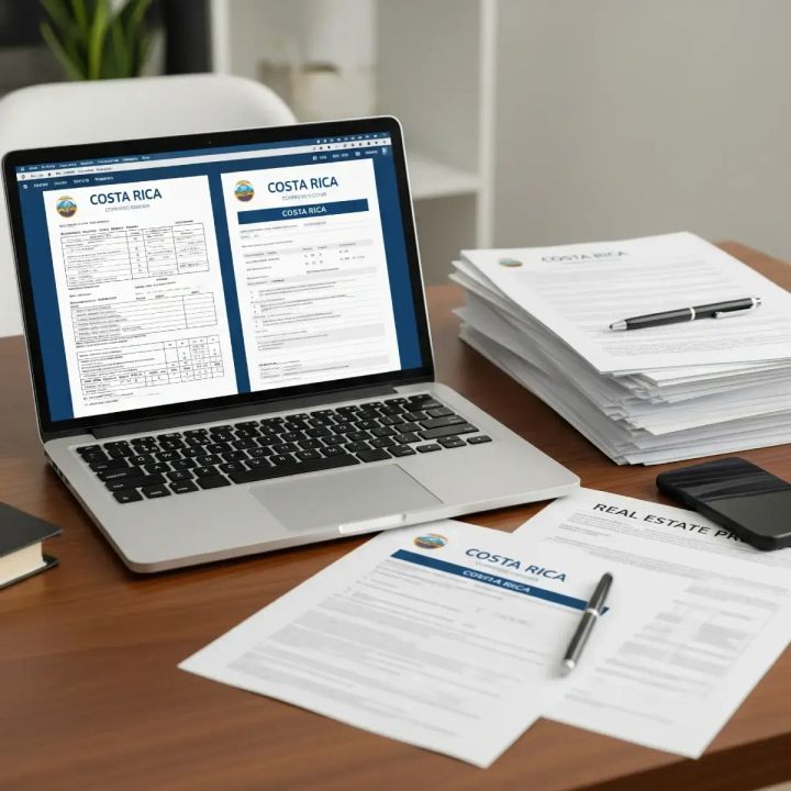 A desk with a laptop and paperwork for Costa Rican taxes