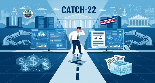 Illustration of a confused businessman trapped in a bureaucratic catch-22 between regulations, data screens, and money symbols.
