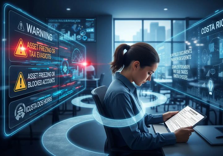 A person reviewing futuristic screens with tax warnings about asset freezing in Costa Rica