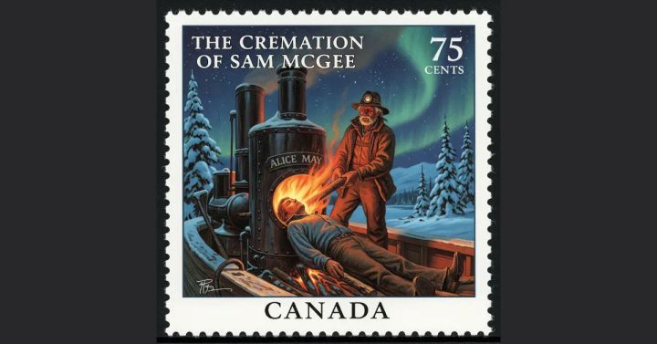 A Canadian postage stamp commemorating the poem "The Cremation of Sam McGee."