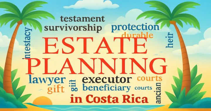 Estate planning in Costa Rica word cloud with legal terms on a tropical beach background